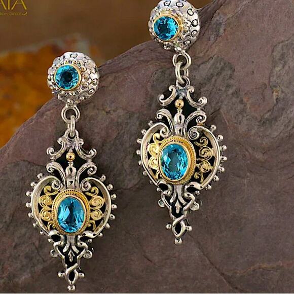 Vintage Blue Topaz Crystal Zircon Two Tone Dangle Earrings - Picture 2 of 7
